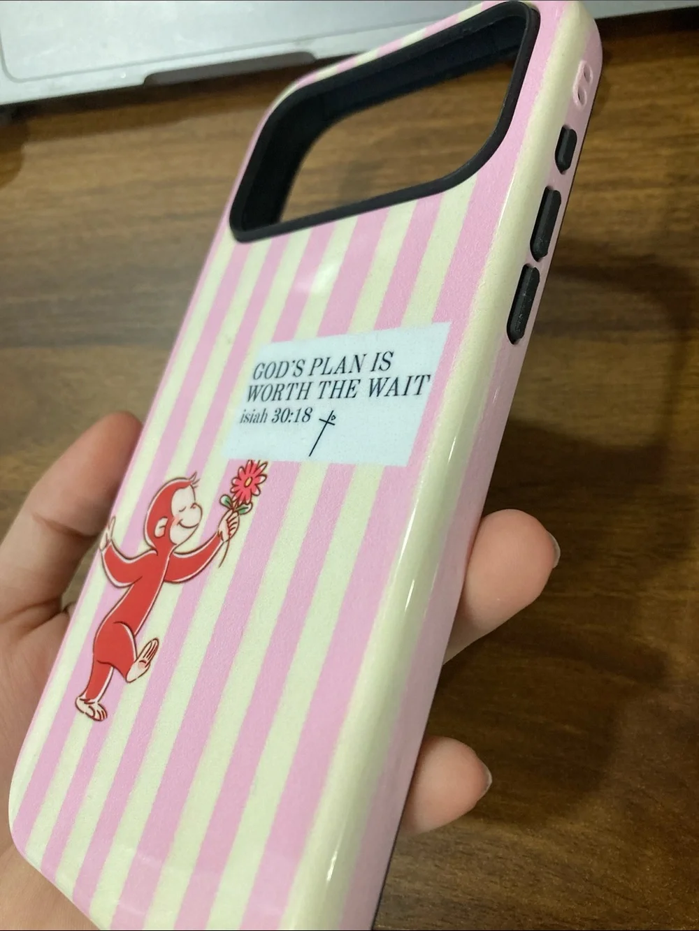 Pink Striped Phone Case with Playful Monkey and Inspirational Quote